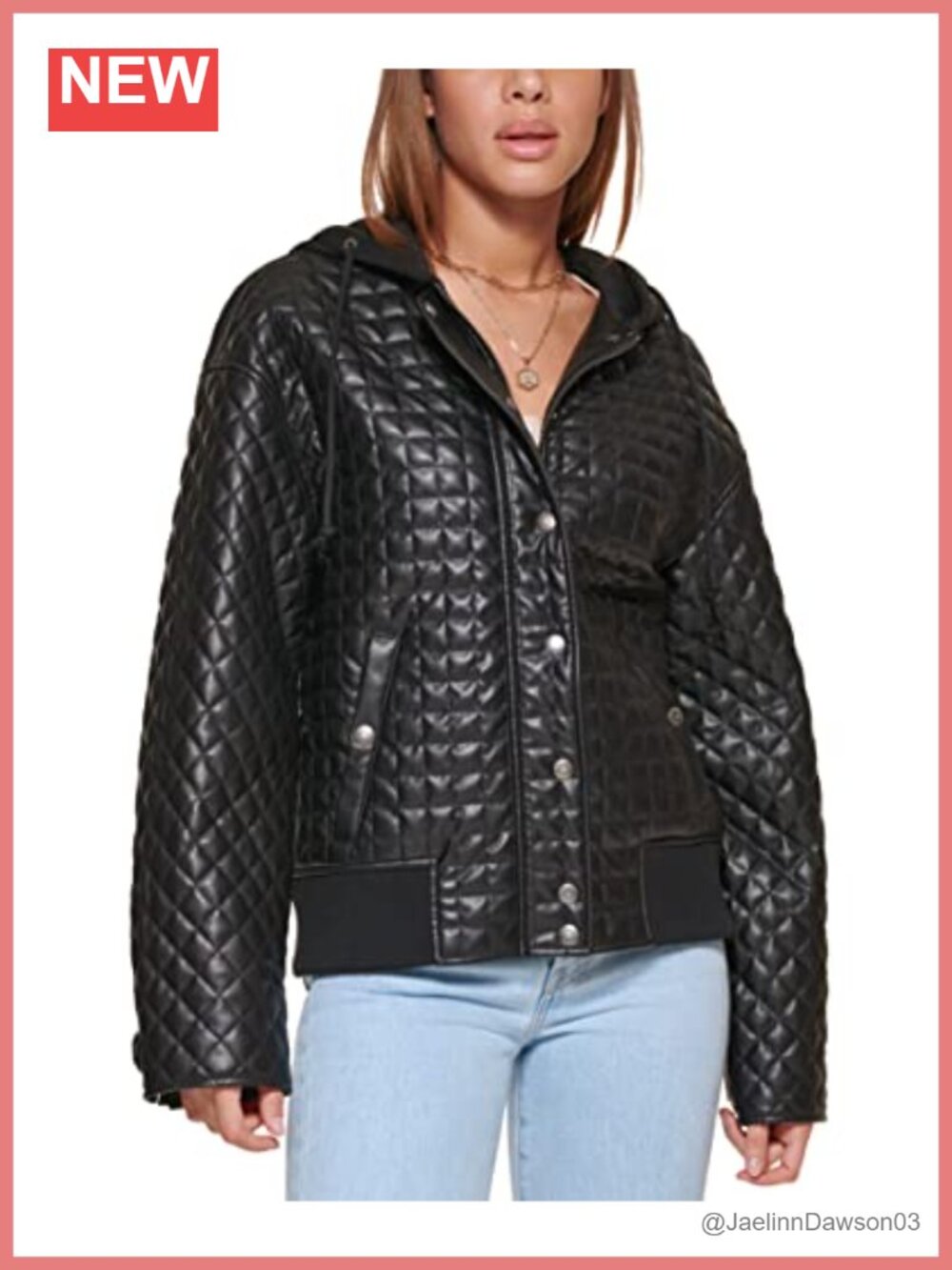 Quilted Faux Leather Jacket with Jersey Hood Relaxed Fit Zip Snap
